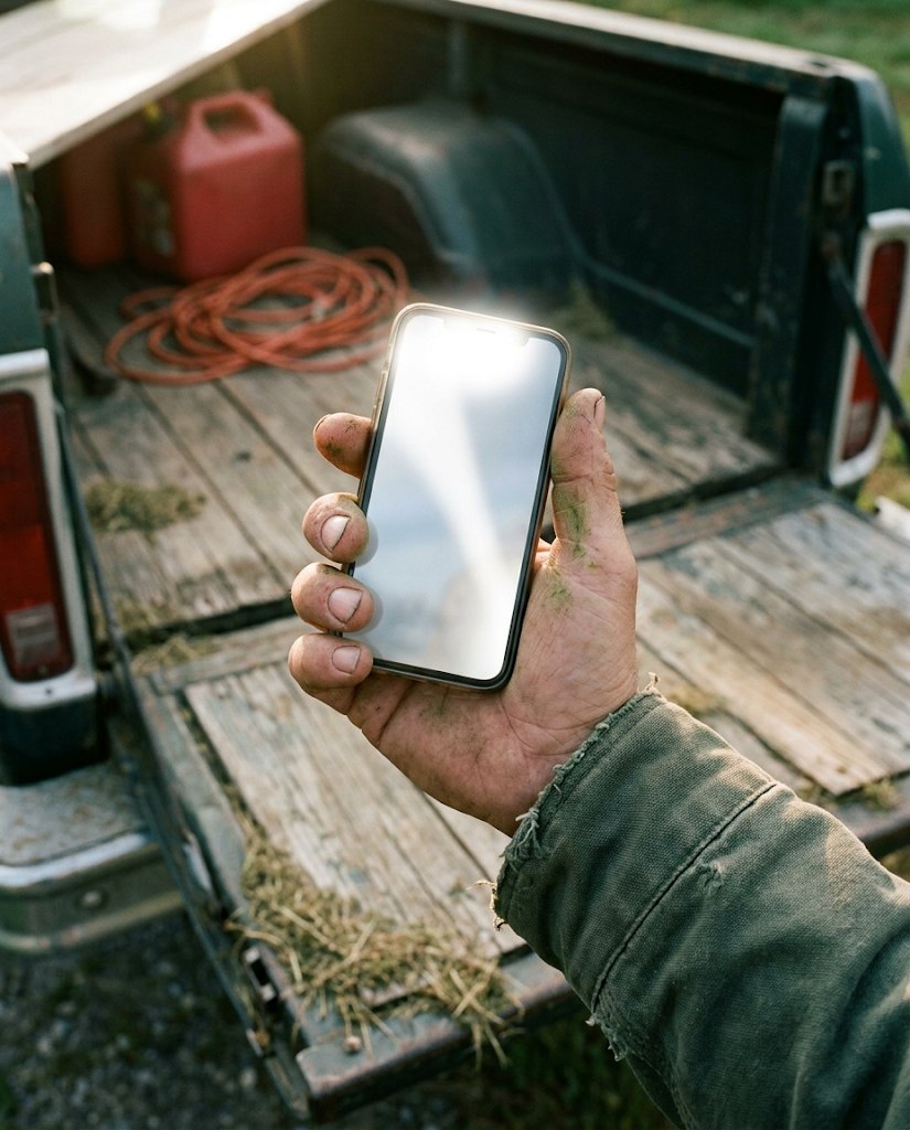 A weathered, grass-stained hand holding a phone above the open tailgate of a pickup truck at first light.